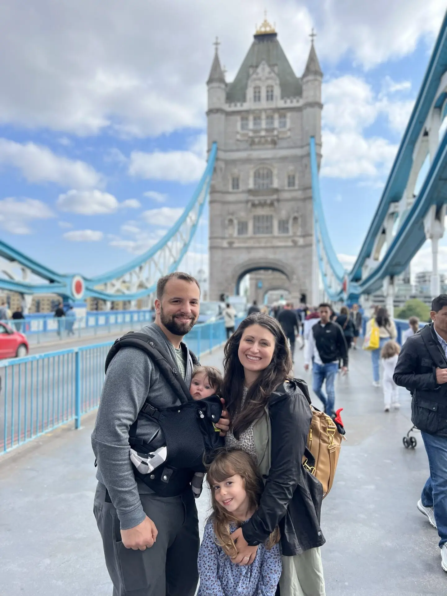 A family is standing on the bridge in london.