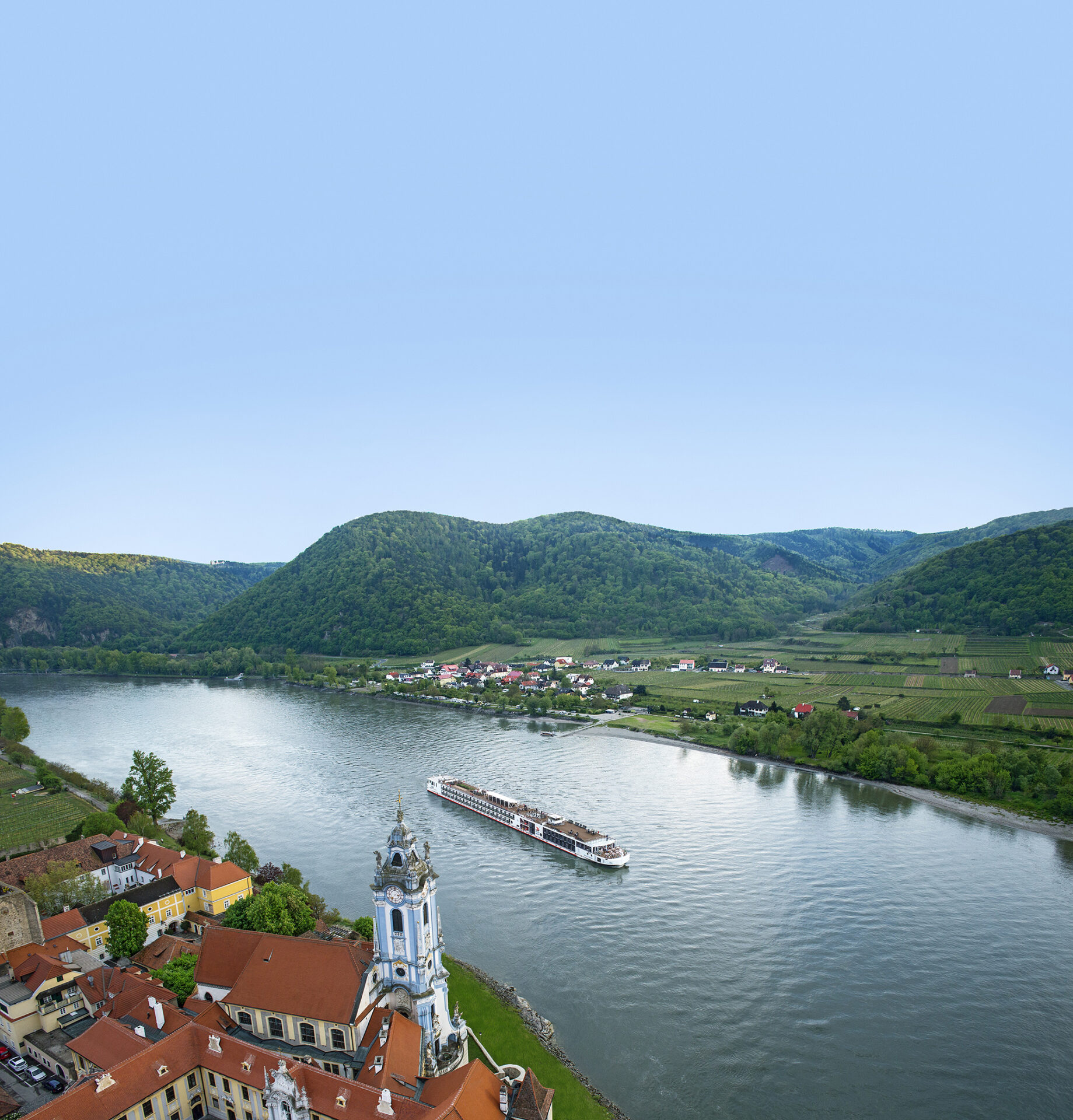 The Viking Longship Njord near the town of Durnstein on the Danube River.