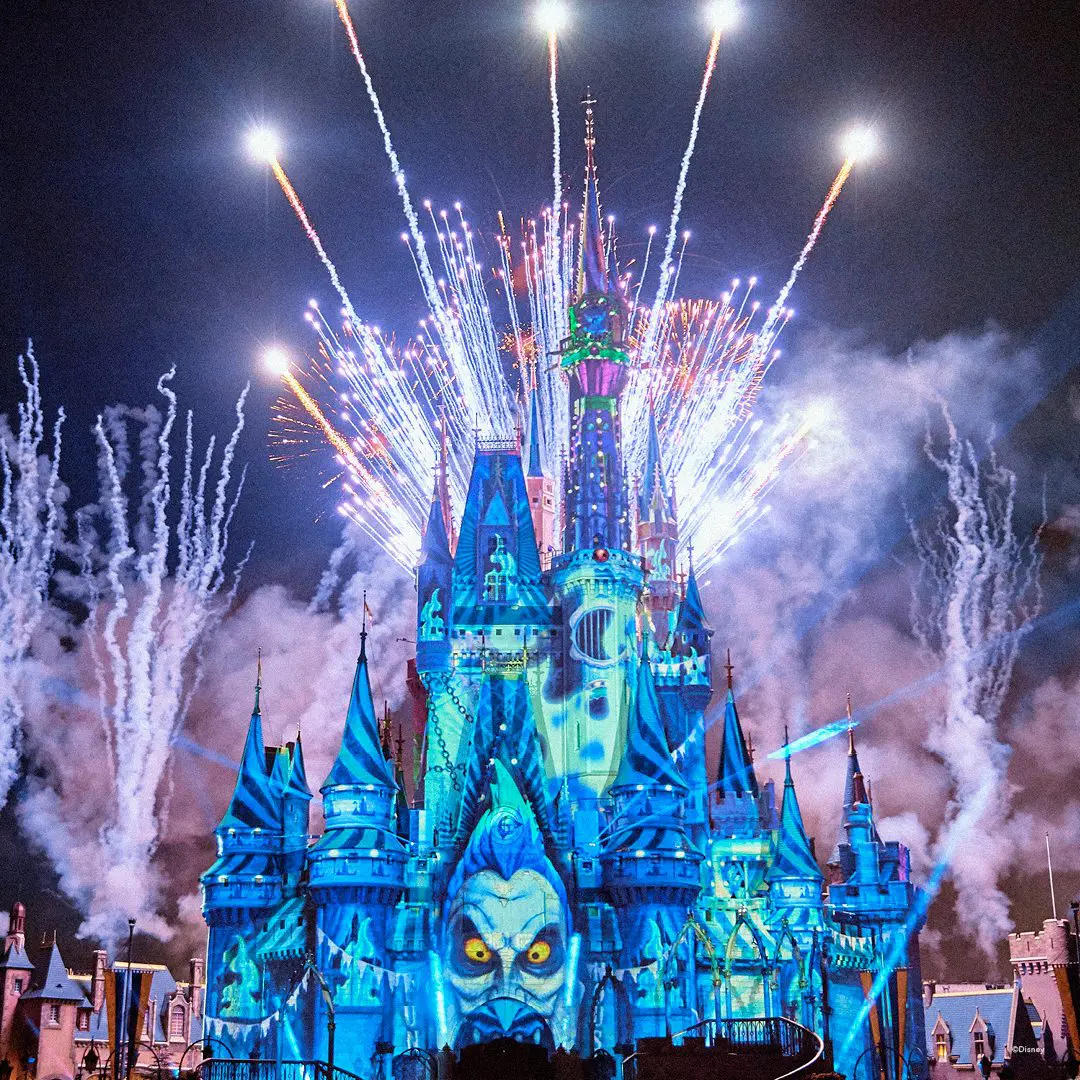 Cinderella Castle with fireworks and projections.