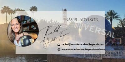 Travel advisor contact information with scenic background.